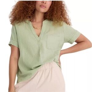 J Crew Women's Green V-Neck Double-Gauze Popover Top, L, Sage Green